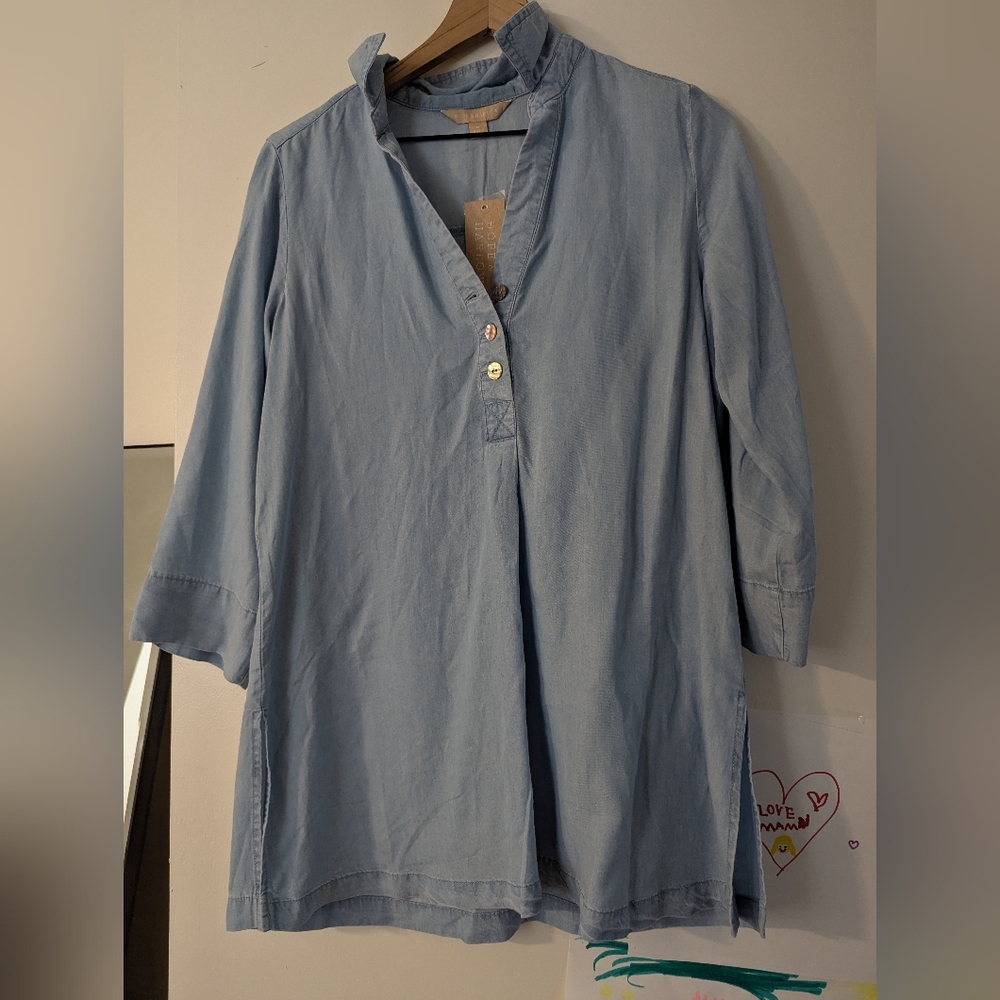 NWT Hope & Harlow Long Tall Blouse Denim Style Shirt Blue Medium